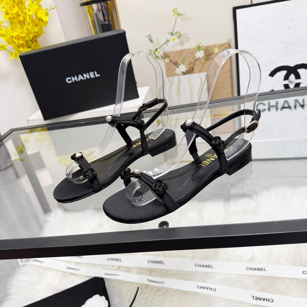 CC 2026 Pearl Sandal Black Satin Leather 692022
