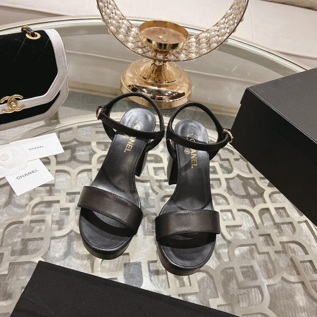 CC 25C 10CM Mid Heed Sandals Black Italian Leather 213318