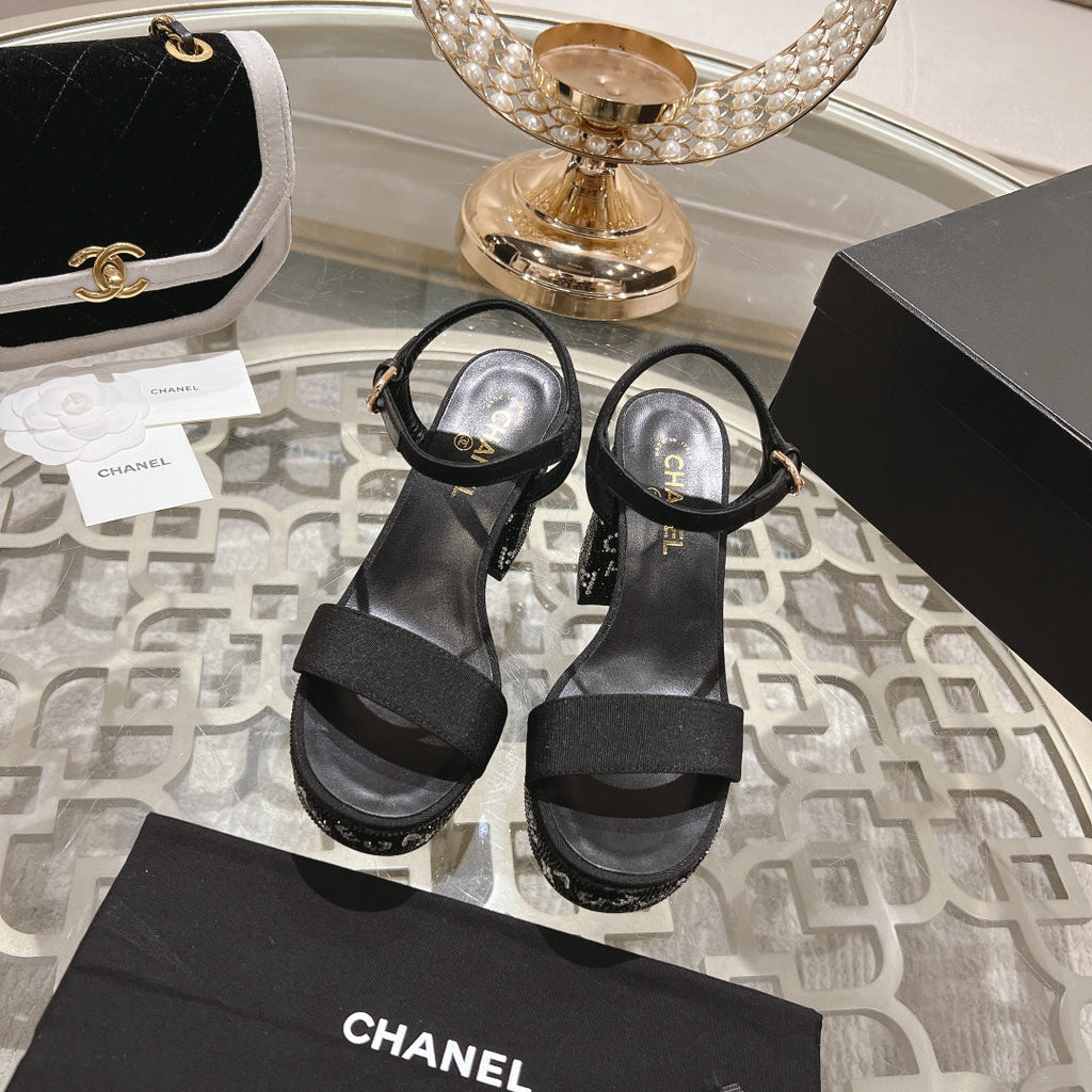 CC 25C 10CM Mid Heed Sandals Black Fabric 213324