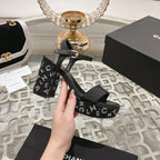CC 25C 10CM Mid Heed Sandals Black Fabric 213324