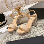 CC 25C 10CM Mid Heed Sandals Cream Fabric 213326