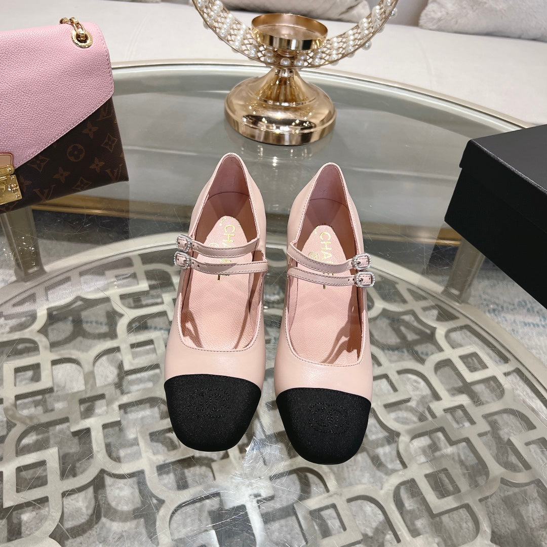 mary janes 60 double buckle light pink calfskin black grosgrain
