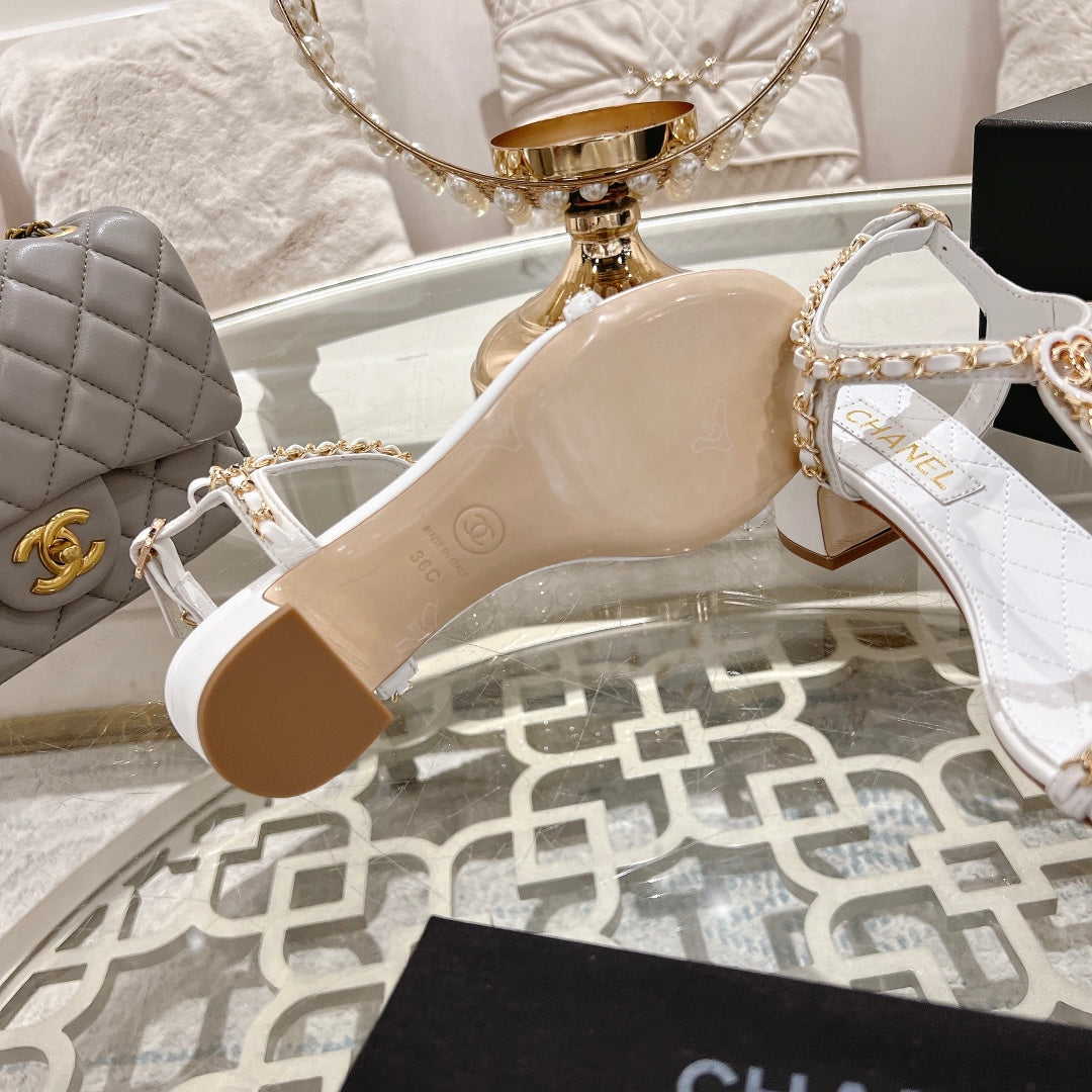 CC 26s Chain T-Strap Charm Sandals 5cm White Lambskin 736115
