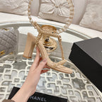 CC 26s Chain T-Strap Charm Sandals 8.5cm Beige Lambskin 736118