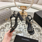 CC 26s Chain T-Strap Charm Sandals 8.5cm Black Lambskin 736121