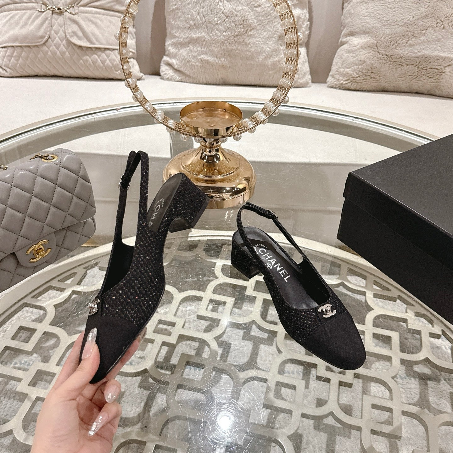 CC 25ss Slingbacks Black 35mm Glitter Fabric & Grosgrain 432609