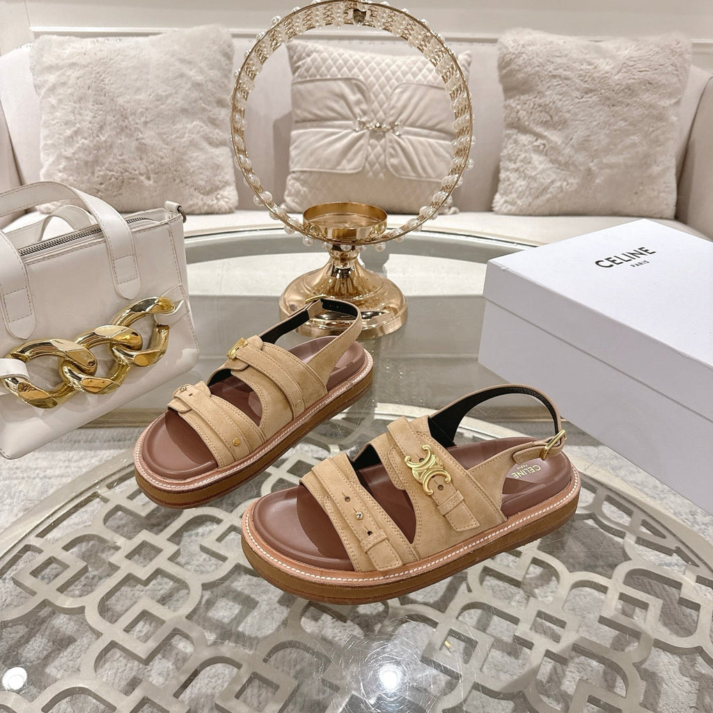 Celine Tippi Triomphe Sandals Beige Suede 736600
