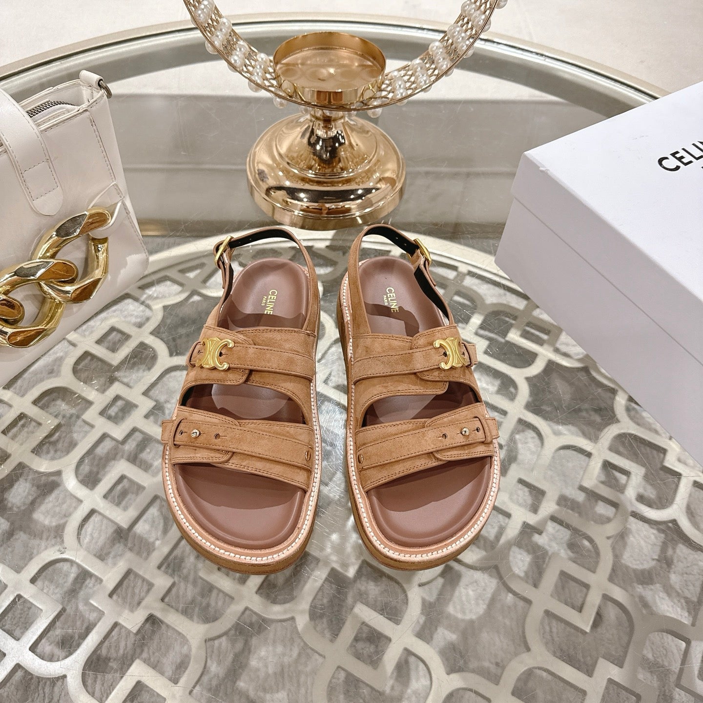 Celine Tippi Triomphe Sandals Brown Suede 736602