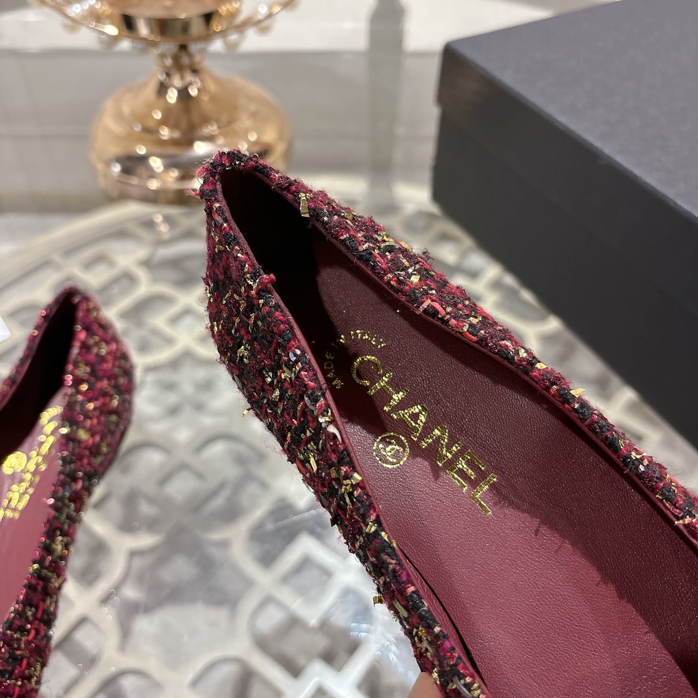 CC 26s Camellia Ballet Flat Burgundy Leather Tweed 736497
