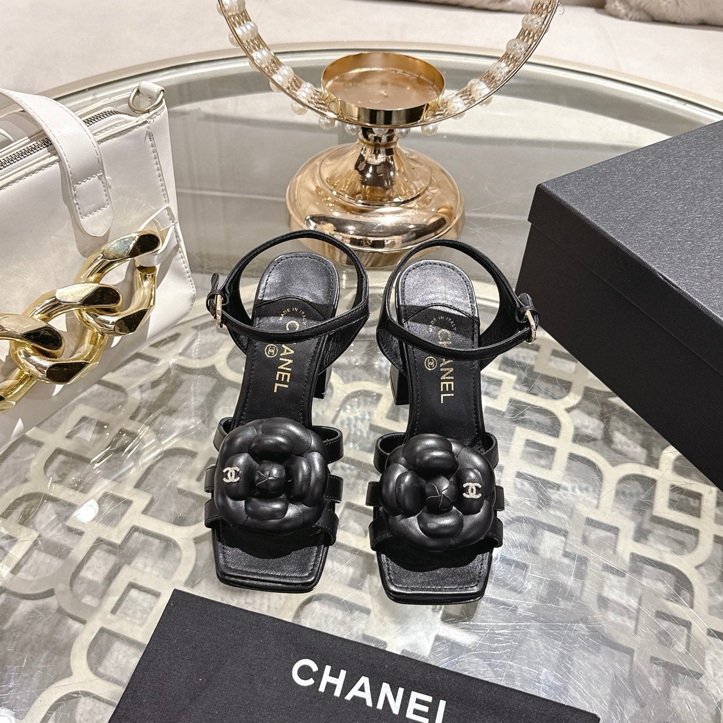 CC Camellia Flower Block Heel Sandals Black Sheepskin 735986