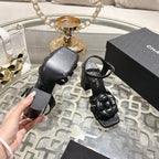 CC Camellia Flower Block Heel Sandals Black Sheepskin 735986