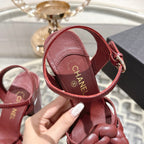 CC Camellia Flower Block Heel Sandals Burgundy Sheepskin 735988