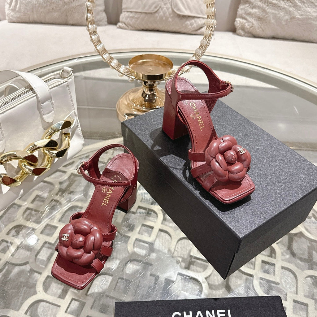 CC Camellia Flower Block Heel Sandals Burgundy Sheepskin 735988
