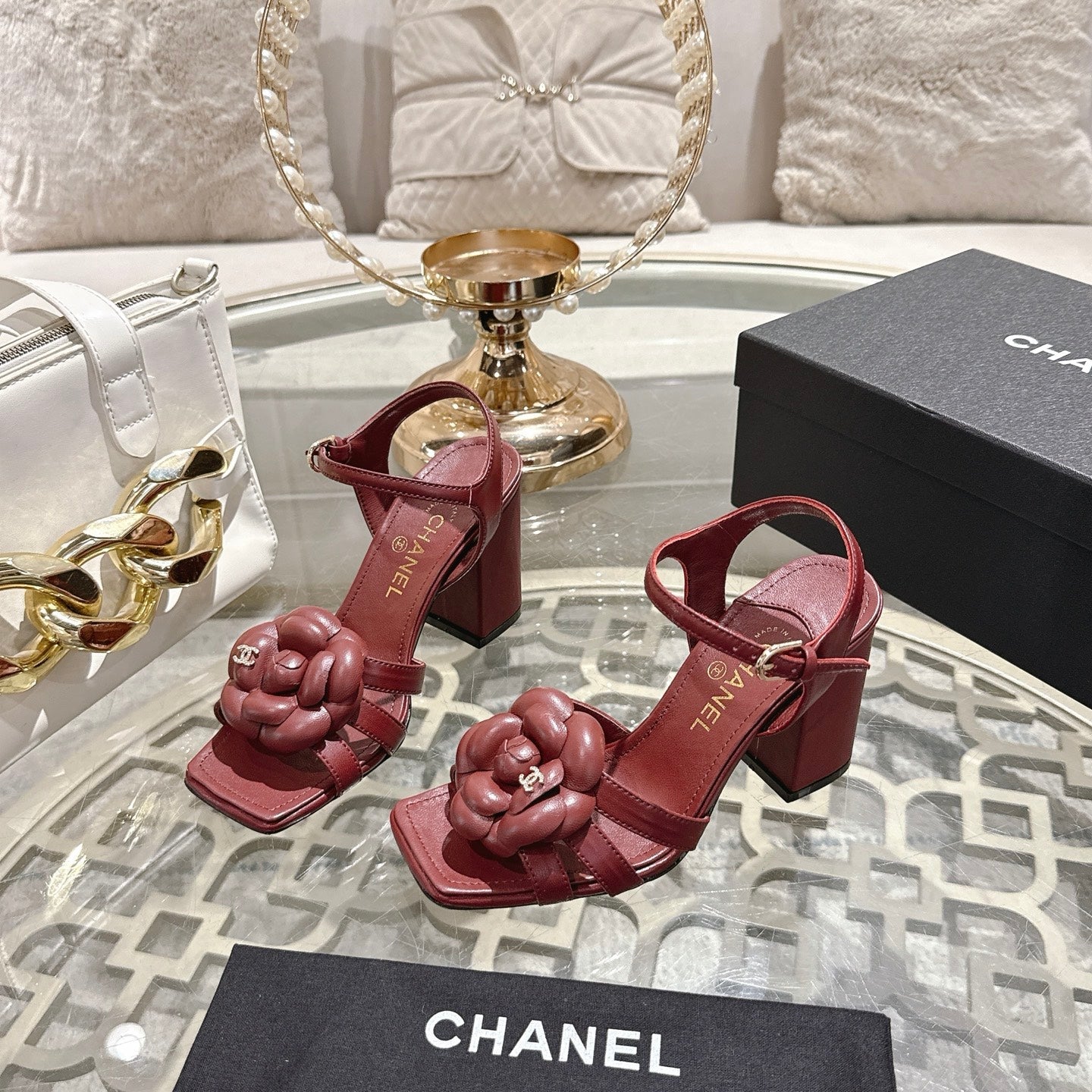 CC Camellia Flower Block Heel Sandals Burgundy Sheepskin 735988