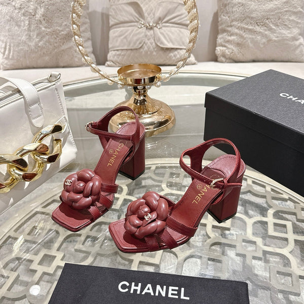 CC Camellia Flower Block Heel Sandals Burgundy Sheepskin 735988