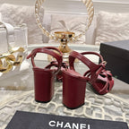 CC Camellia Flower Block Heel Sandals Burgundy Sheepskin 735988