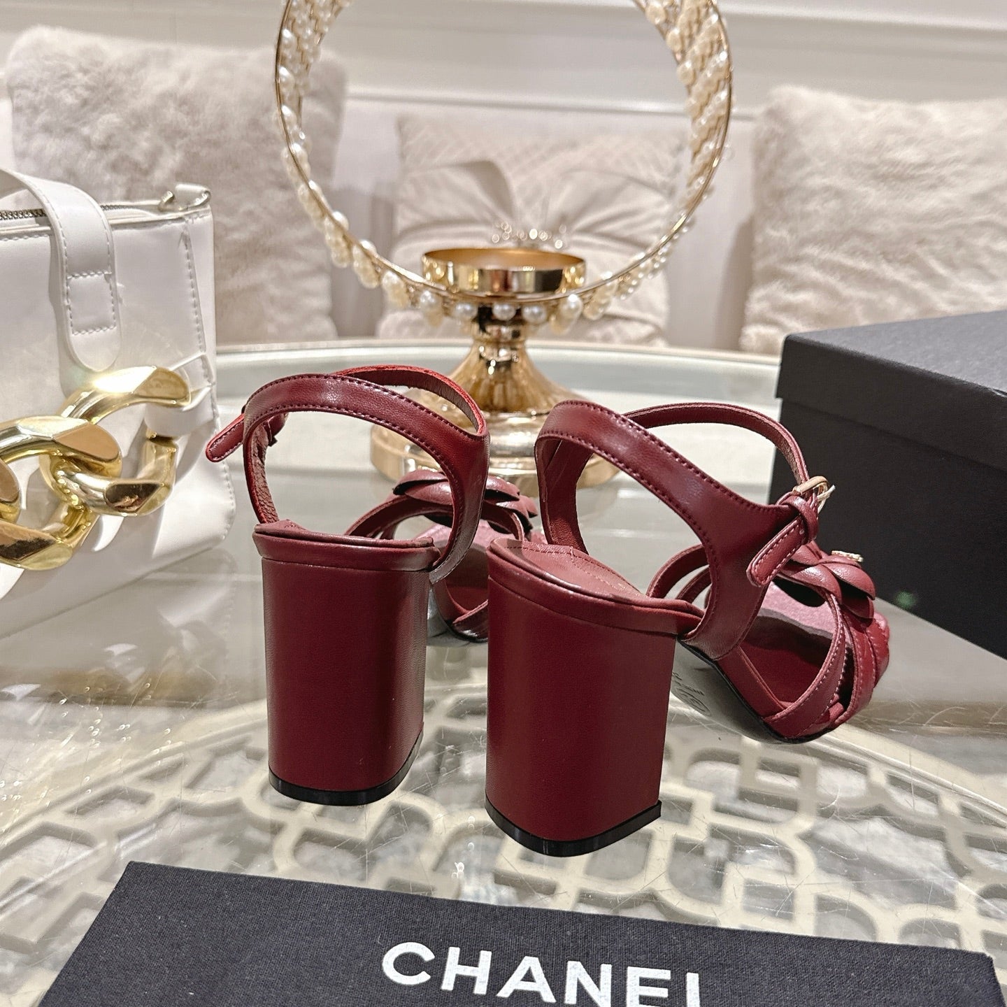 CC Camellia Flower Block Heel Sandals Burgundy Sheepskin 735988