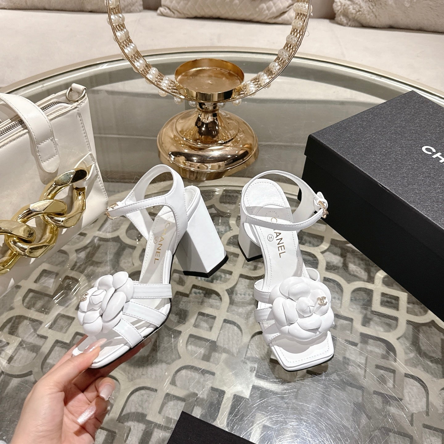CC Camellia Flower Block Heel Sandals White Sheepskin 735989