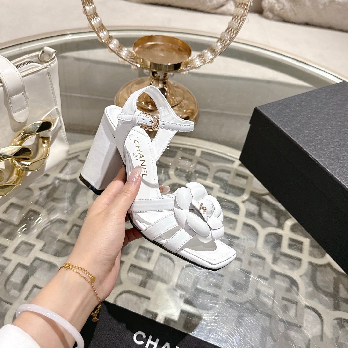 CC Camellia Flower Block Heel Sandals White Sheepskin 735989