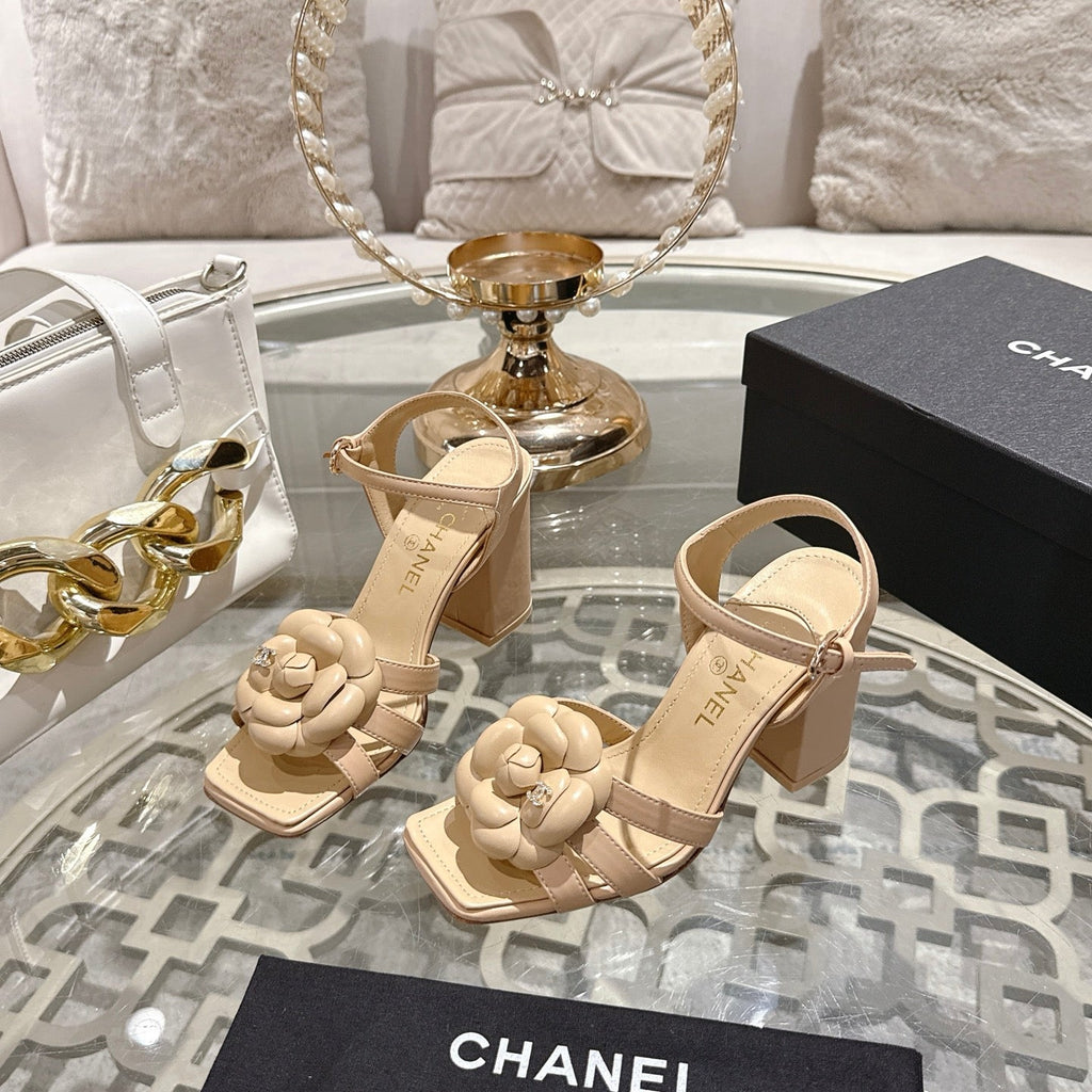 CC Camellia Flower Block Heel Sandals Beige Sheepskin 735990