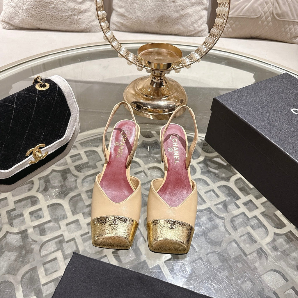 CC 26s Square-Toe High-Heeled Slingbacks 6cm Gold Beige Leather 736100