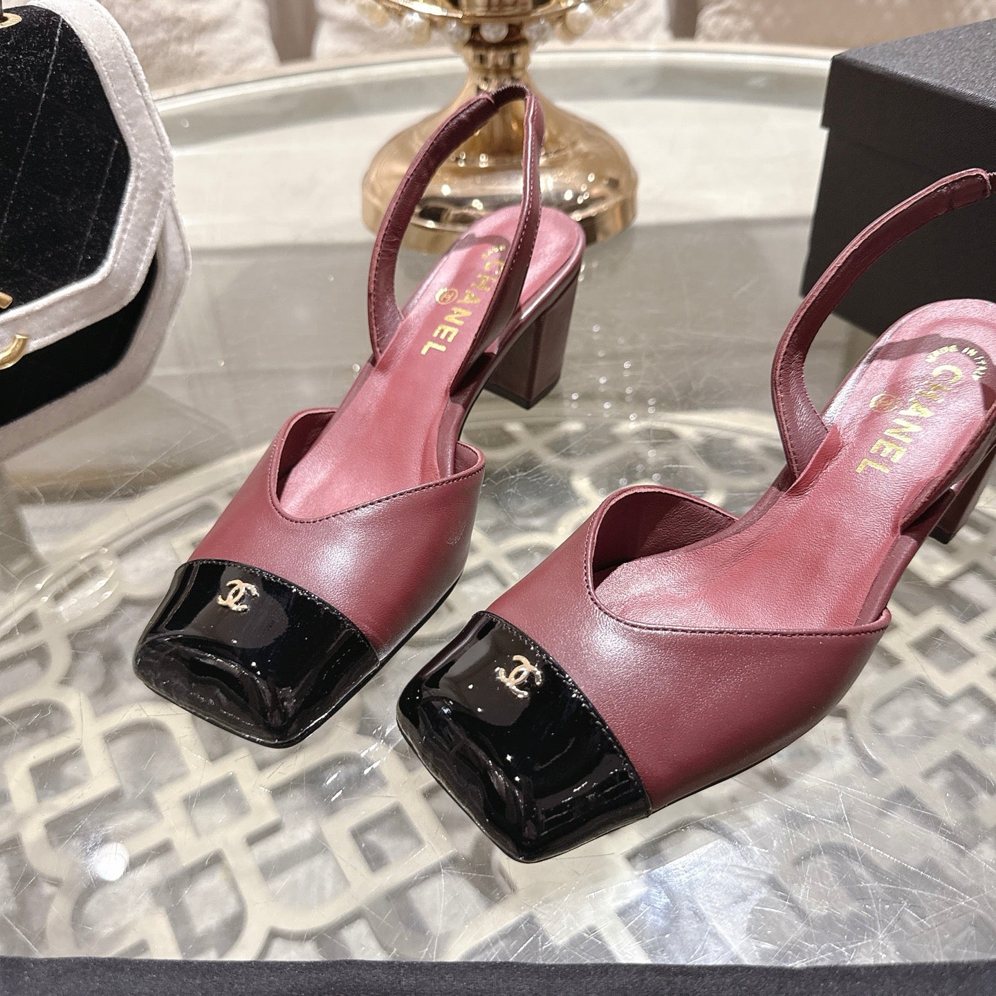 CC 26s Square-Toe High-Heeled Slingbacks 6cm Black Burgundy Leather 736105