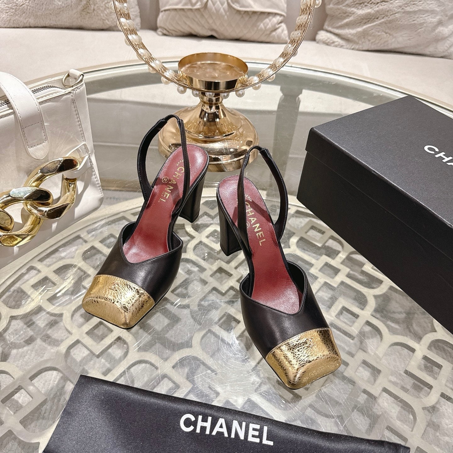 CC 26s Square-Toe High-Heeled Slingbacks 9cm Gold Black Leather 736108
