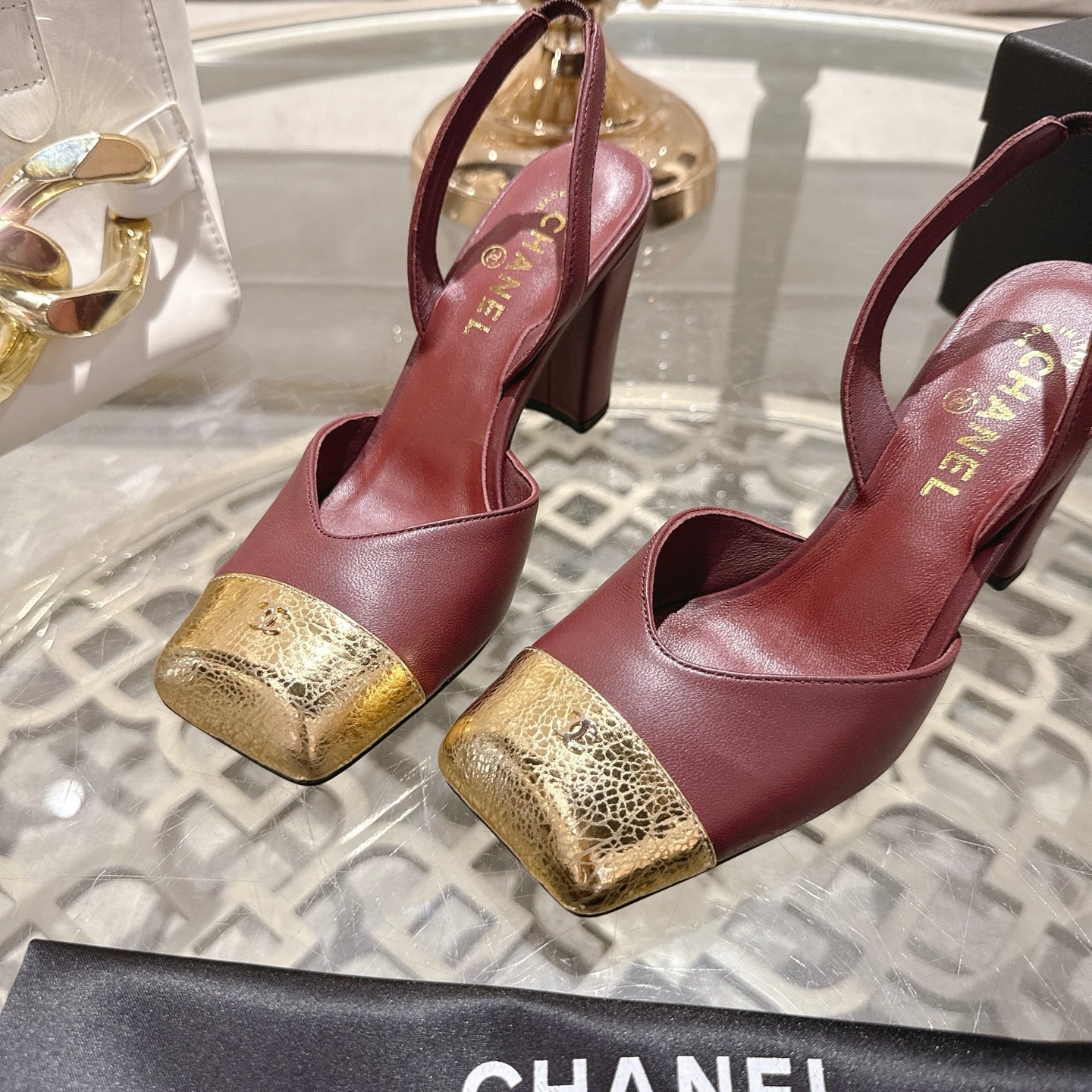 CC 26s Square-Toe High-Heeled Slingbacks 9cm Gold Burgundy Leather 736109