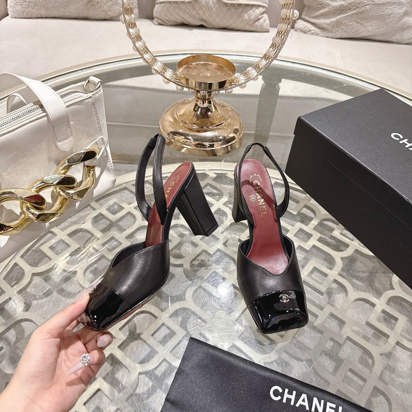 CC 26s Square-Toe High-Heeled Slingbacks 9cm Black Leather 736110