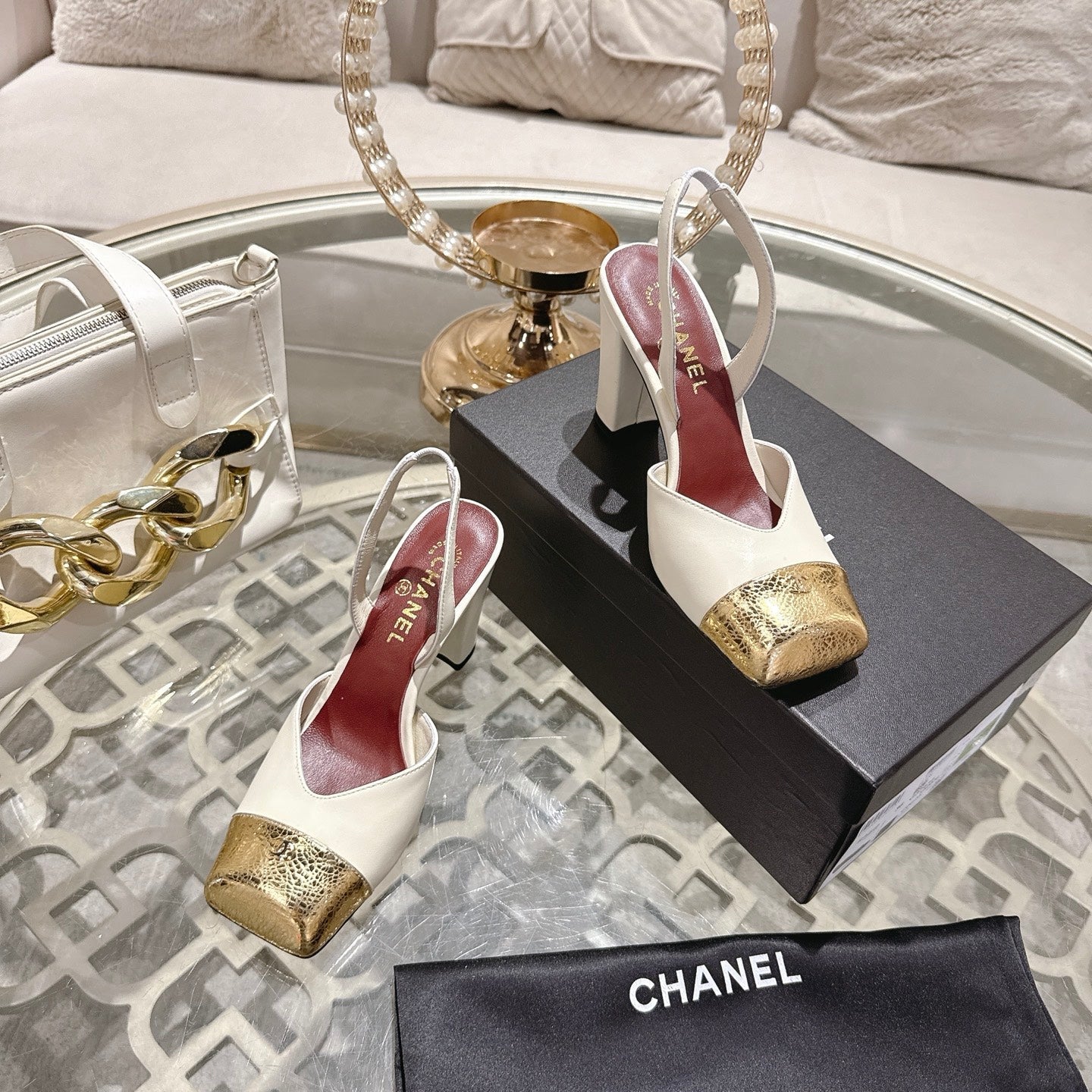 CC 26s Square-Toe High-Heeled Slingbacks 9cm White Gold Leather 736112