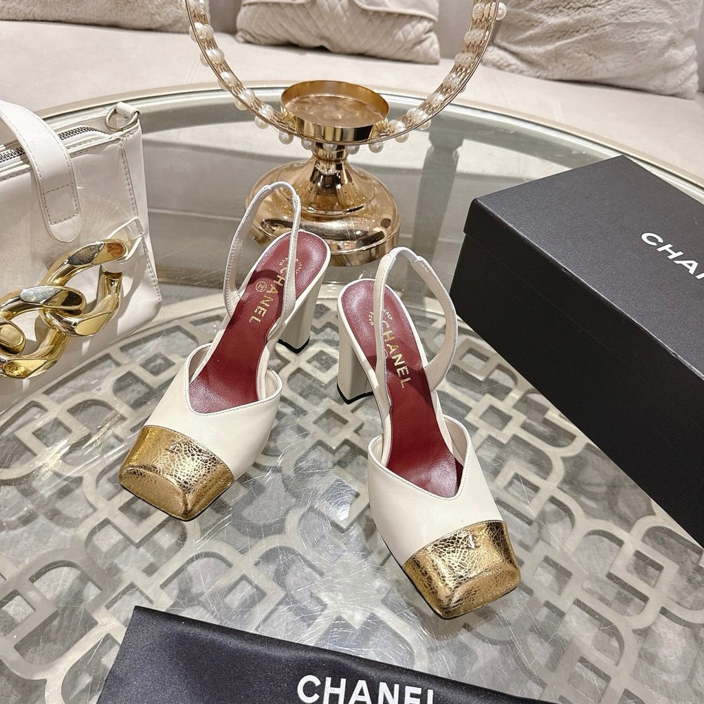 CC 26s Square-Toe High-Heeled Slingbacks 9cm White Gold Leather 736112