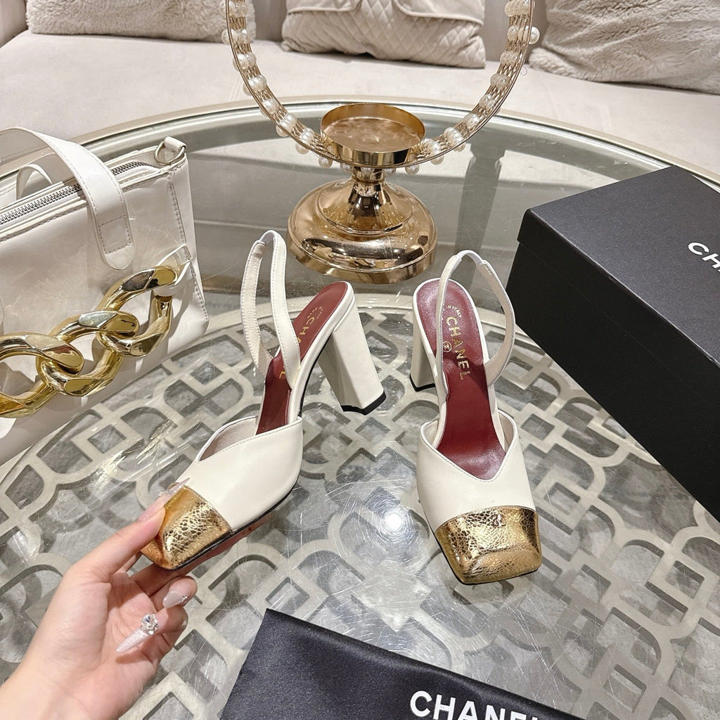 CC 26s Square-Toe High-Heeled Slingbacks 9cm White Gold Leather 736112