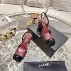 CC 26s Square-Toe High-Heeled Slingbacks 9cm Black Burgundy Leather