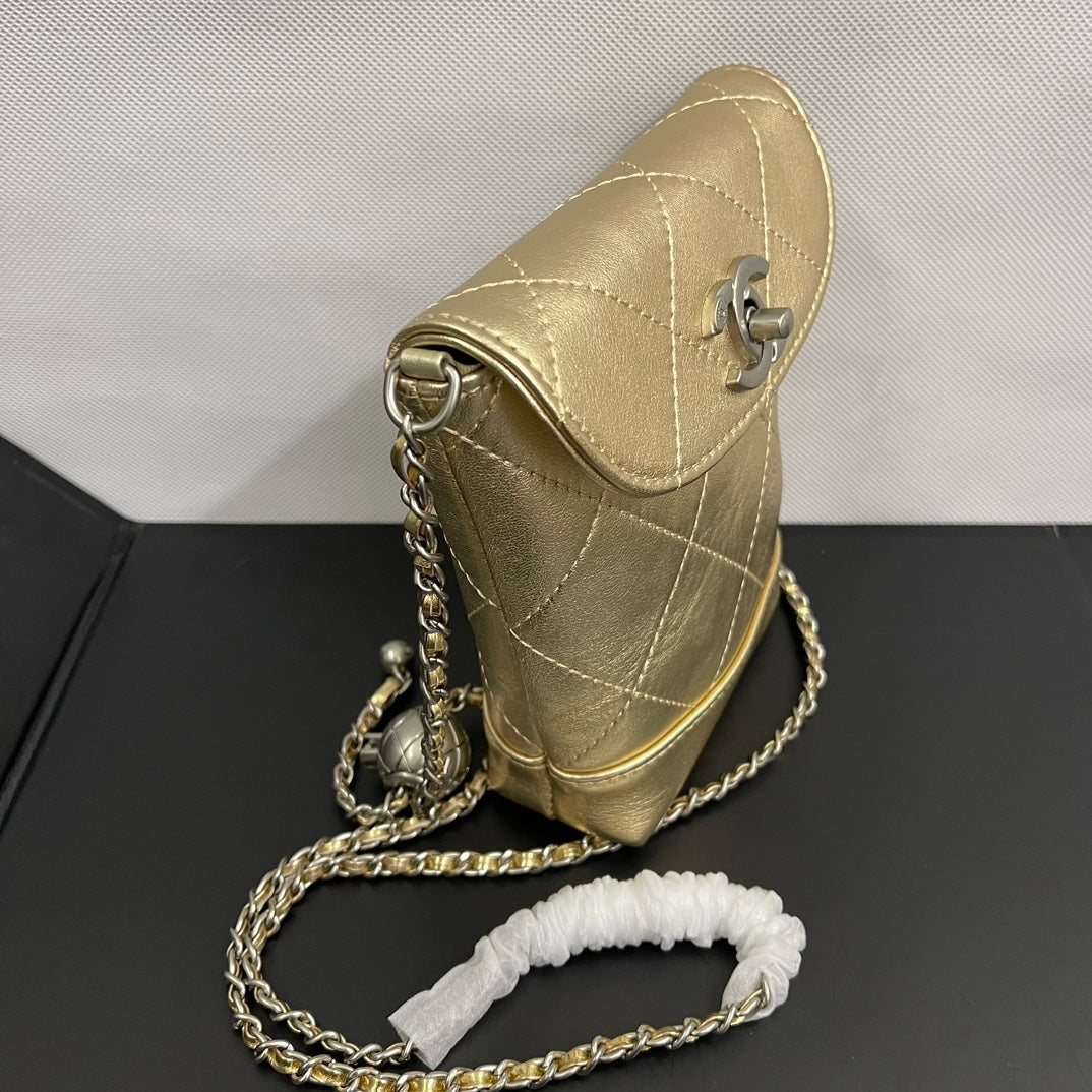 CC Phone Holder Bag 17cm Golden Metalic Leather