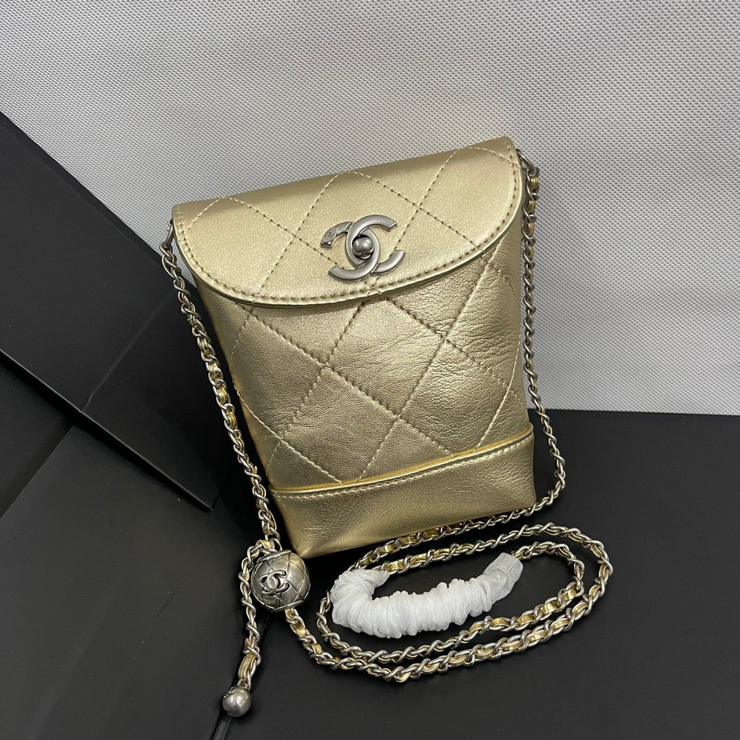 CC Phone Holder Bag 17cm Golden Metalic Leather