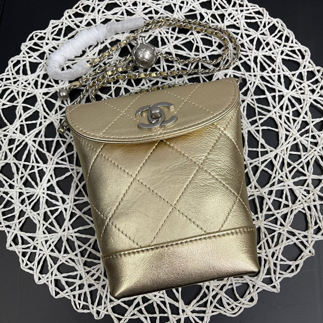 CC Phone Holder Bag 17cm Golden Metalic Leather