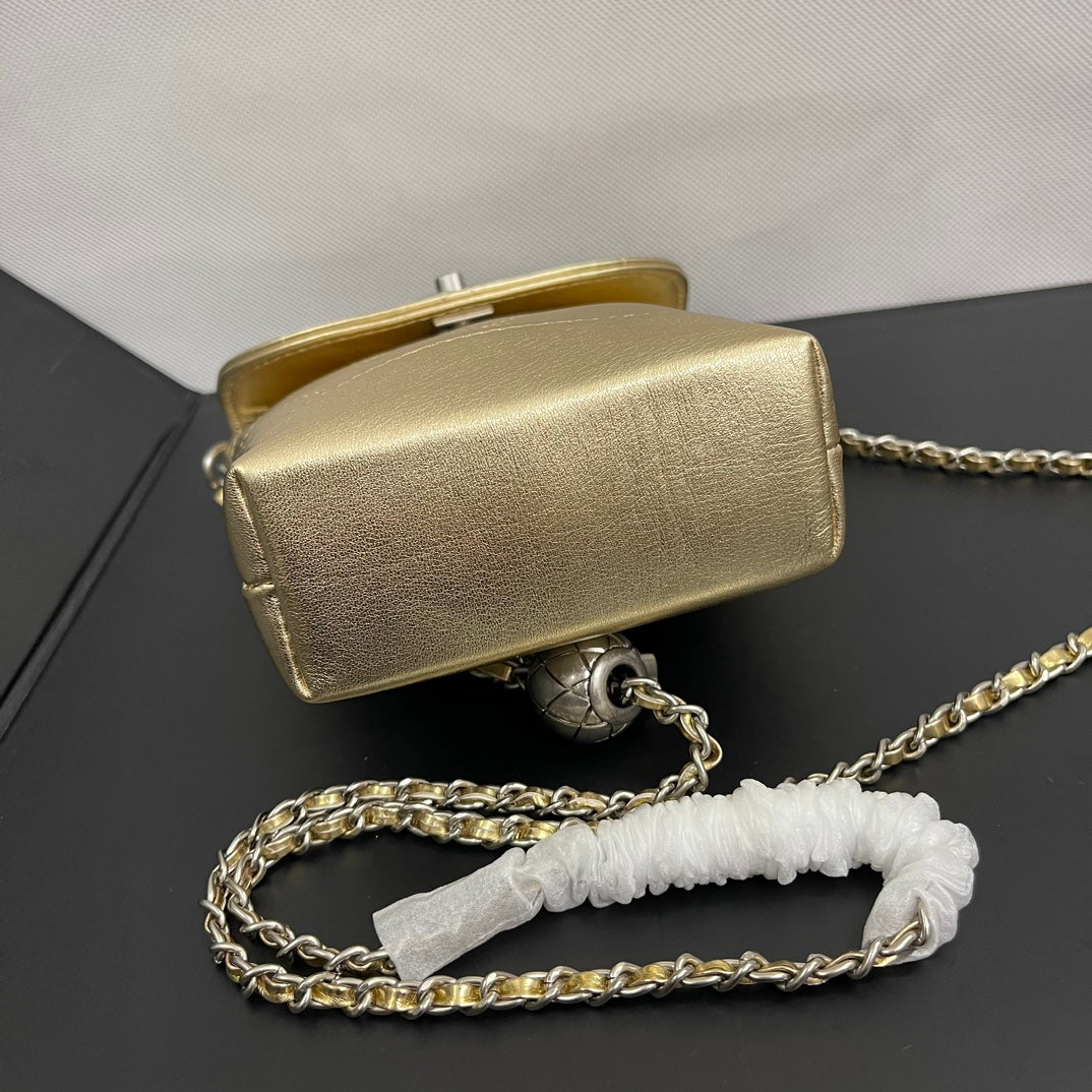CC Phone Holder Bag 17cm Golden Metalic Leather
