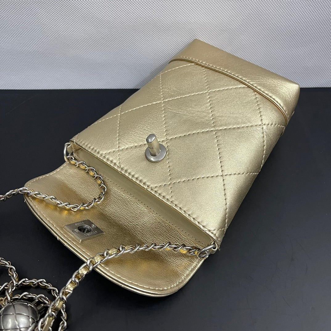CC Phone Holder Bag 17cm Golden Metalic Leather