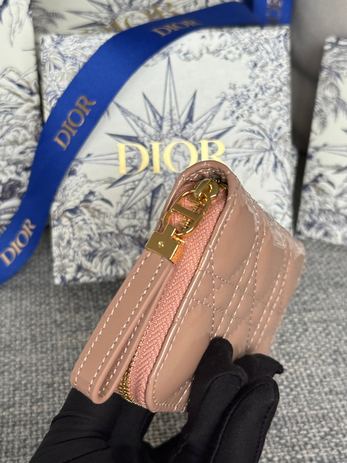 CD Logo Caro 11cm Compact Wallet Shiny Dark Beige Calfskin