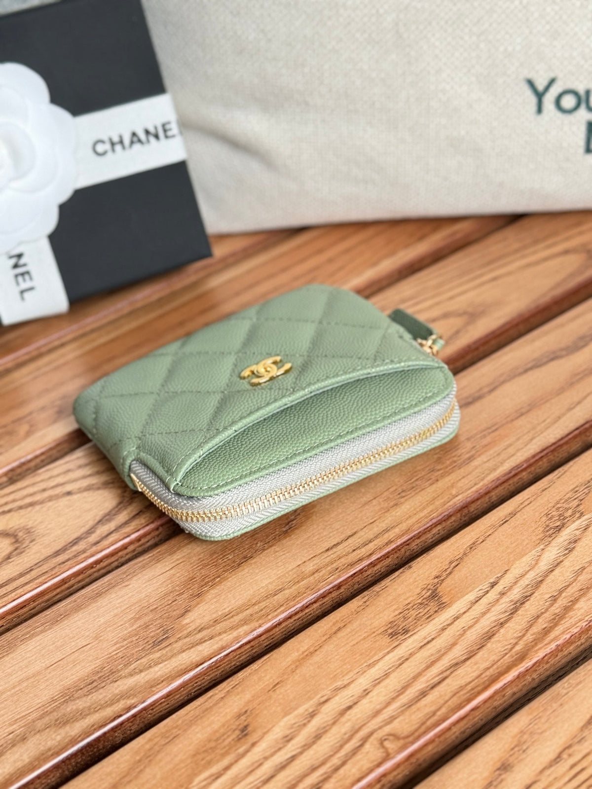 CC Zip Card Holder Wallet Olive Green Gold Metal Caviar 240599