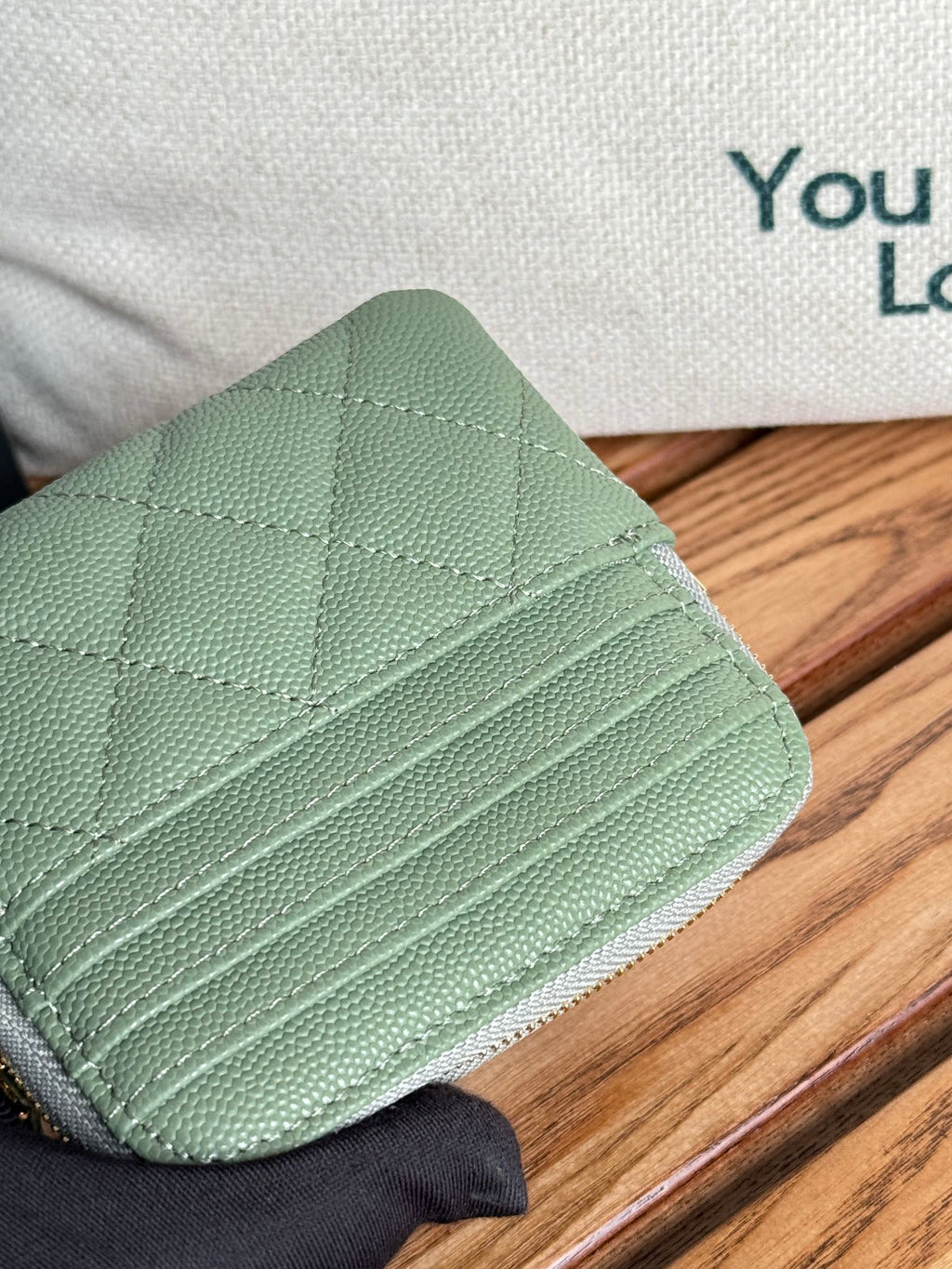 CC Zip Card Holder Wallet Olive Green Gold Metal Caviar 240599