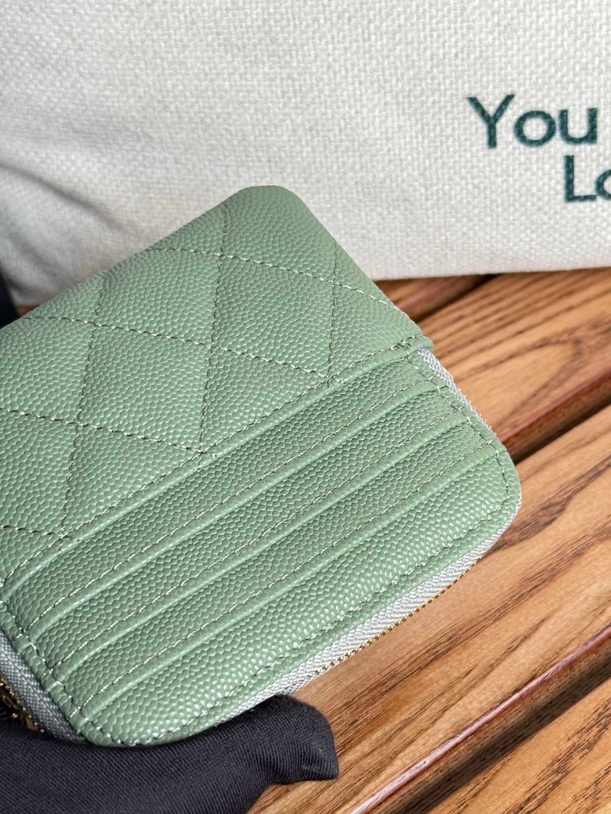 CC Zip Card Holder Wallet Olive Green Gold Metal Caviar 240599