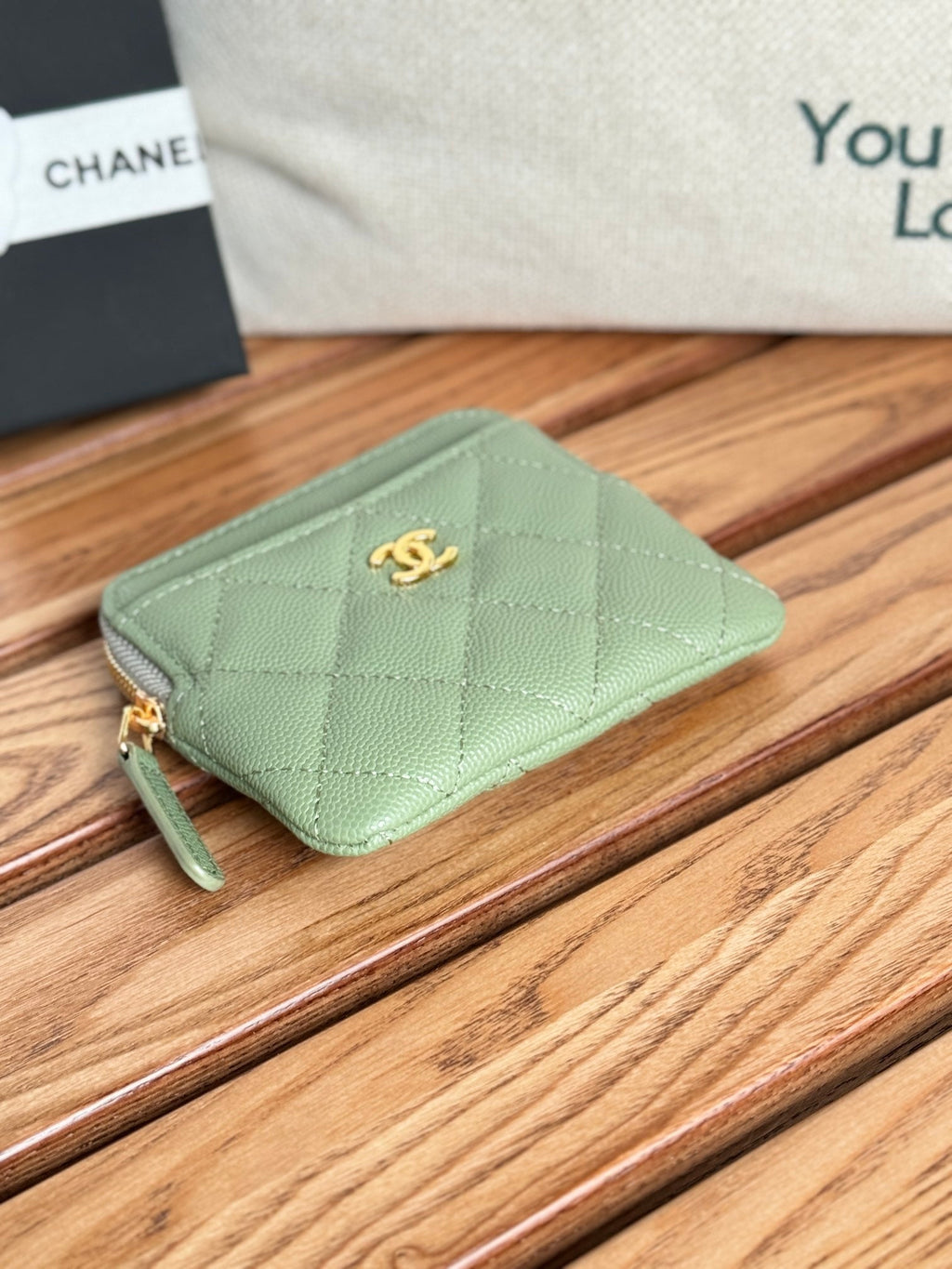 CC Zip Card Holder Wallet Olive Green Gold Metal Caviar 240599