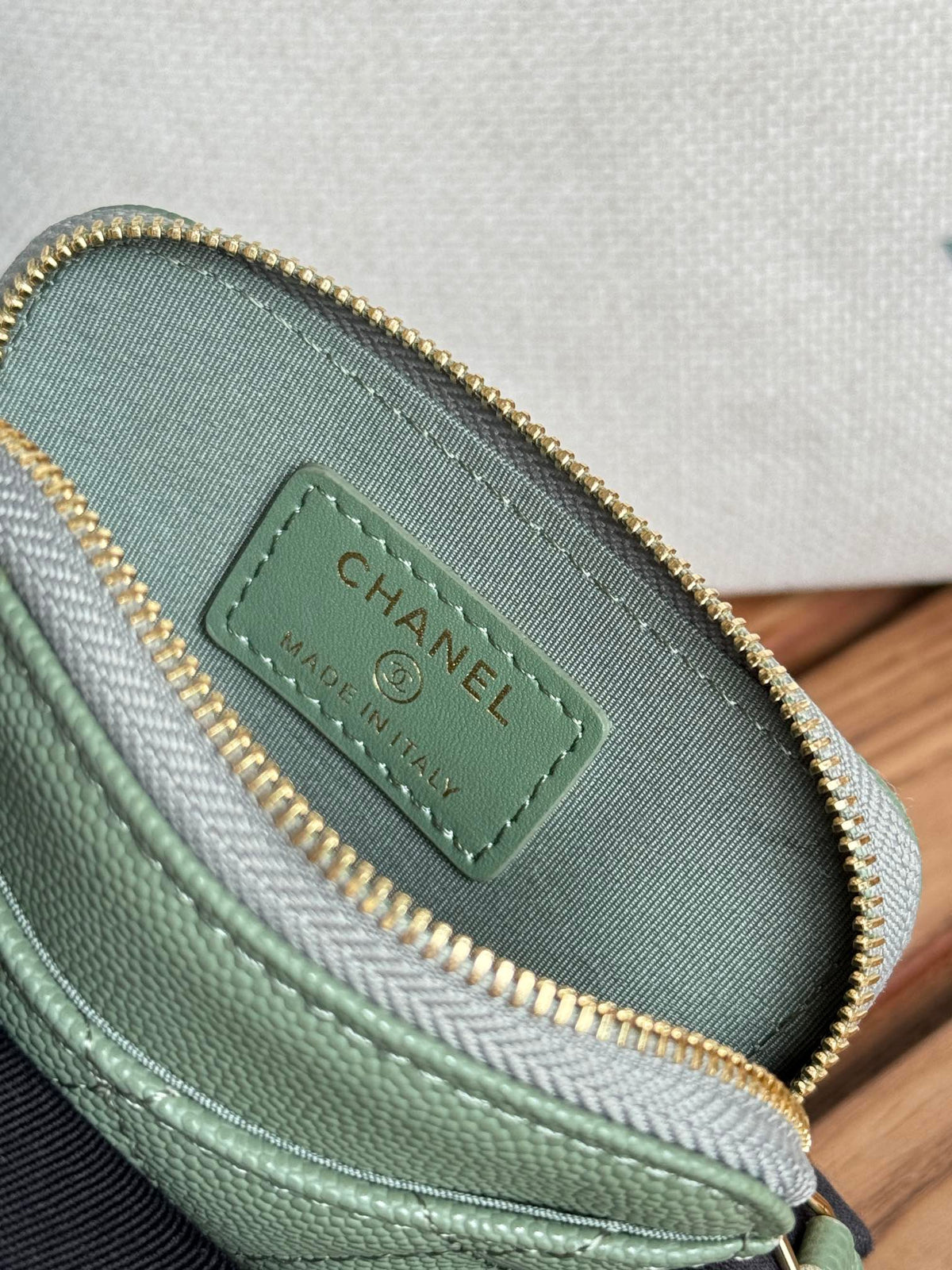 CC Zip Card Holder Wallet Olive Green Gold Metal Caviar 240599