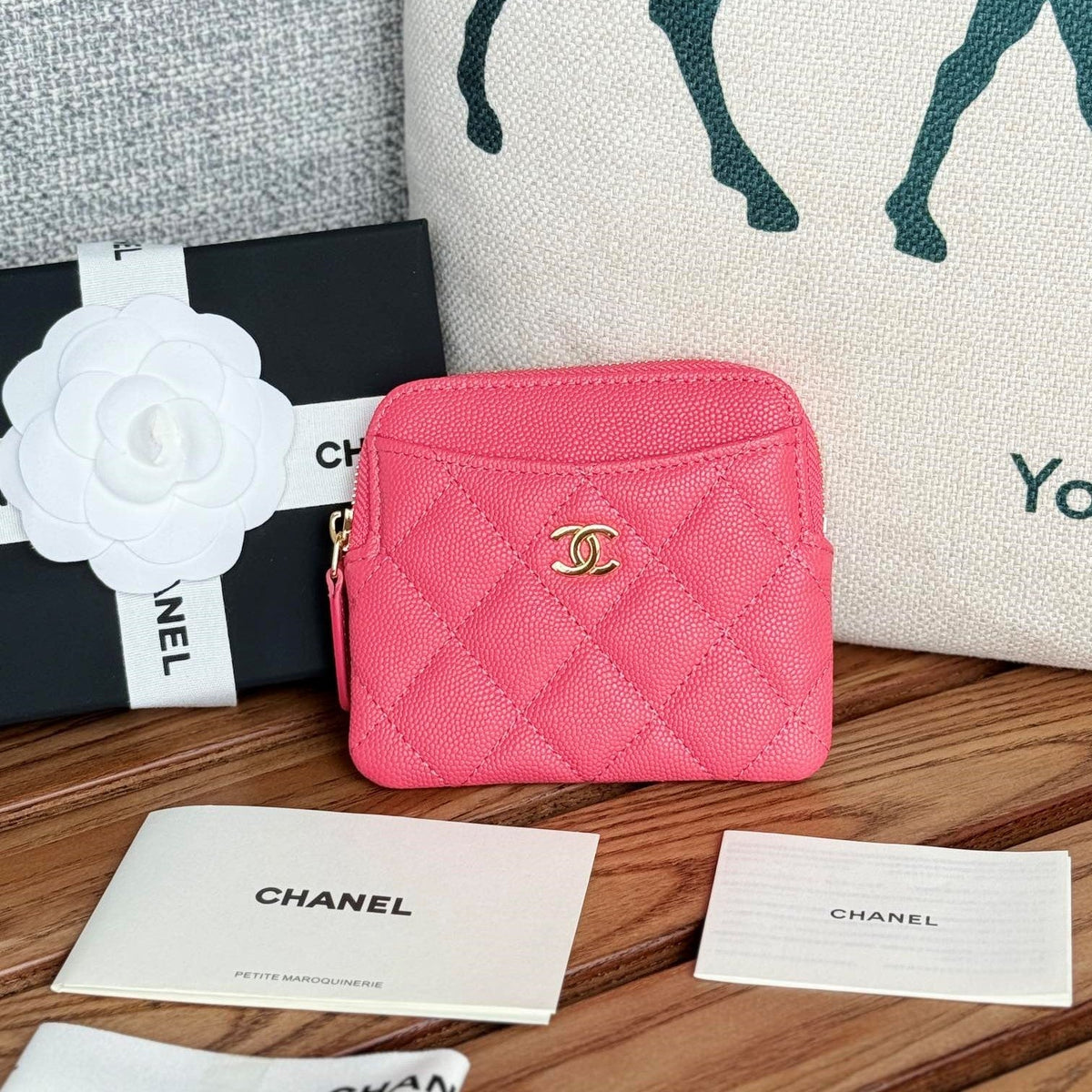 CC Zip Card Holder Wallet Pink Gold Metal Caviar 240613