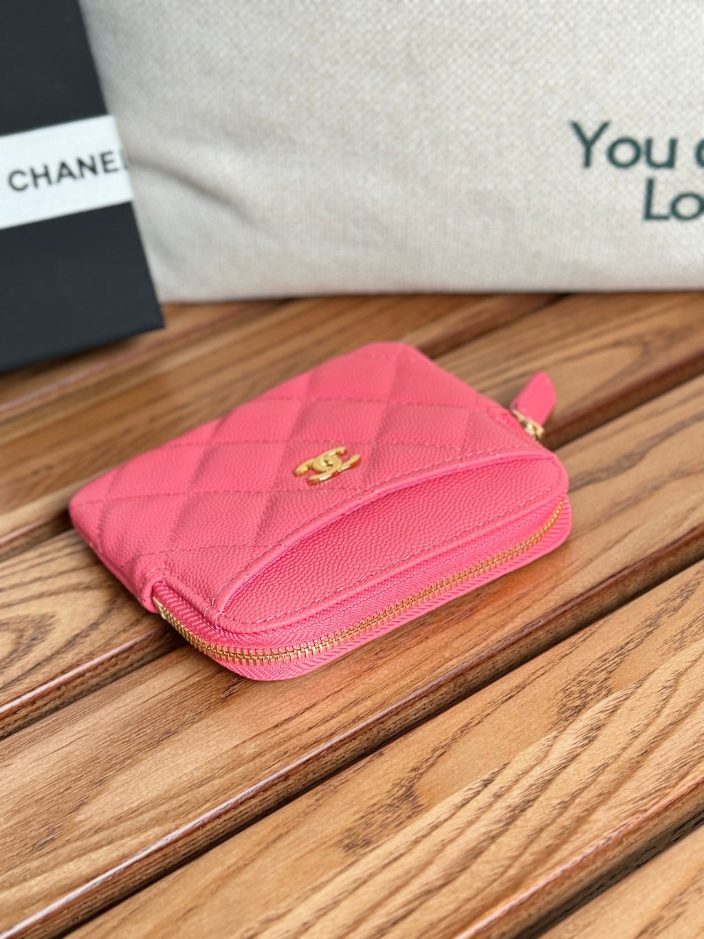 CC Zip Card Holder Wallet Pink Gold Metal Caviar 240613