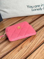 CC Zip Card Holder Wallet Pink Gold Metal Caviar 240613