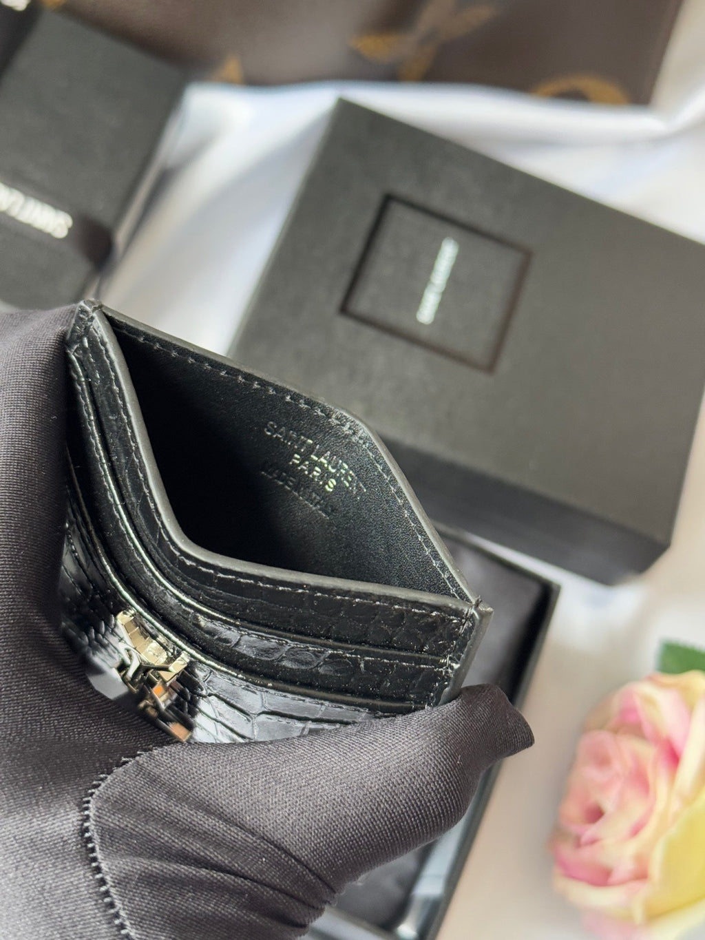 YSL Card Holder 10cm Wallet Black Silver Crocodile Leather 240554