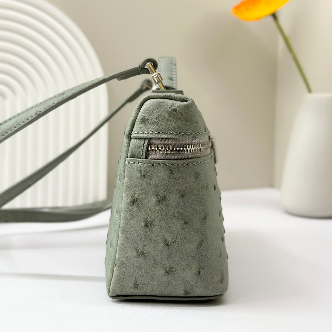 LP Extra Bag 19cm Ostrich Pattern Olive Gray Calfskin Silver Hardware