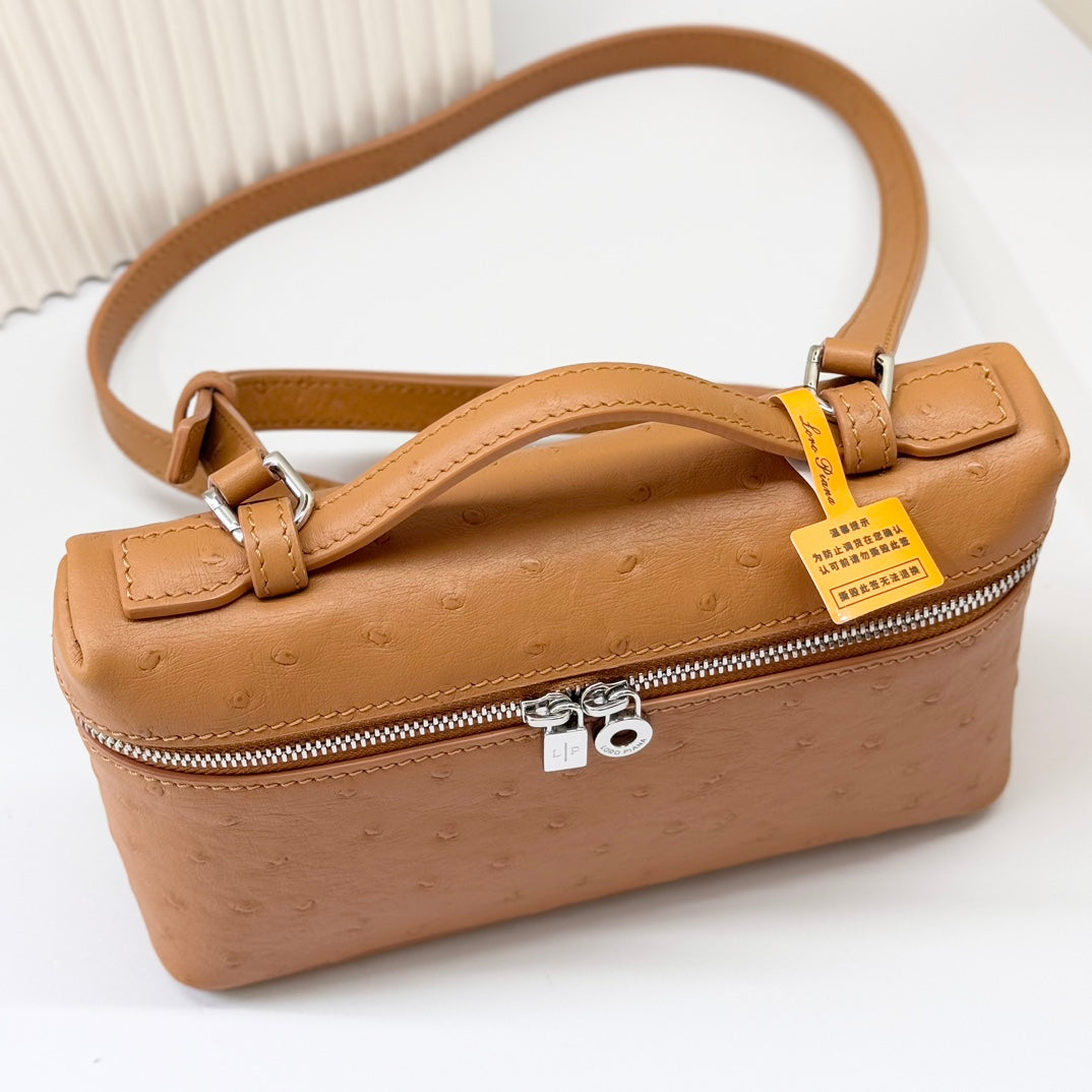 LP Extra Bag 19cm Ostrich Pattern Gold Calfskin Silver Hardware